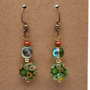 Millefiori Floral Green Glass Bead Dangle Earrings